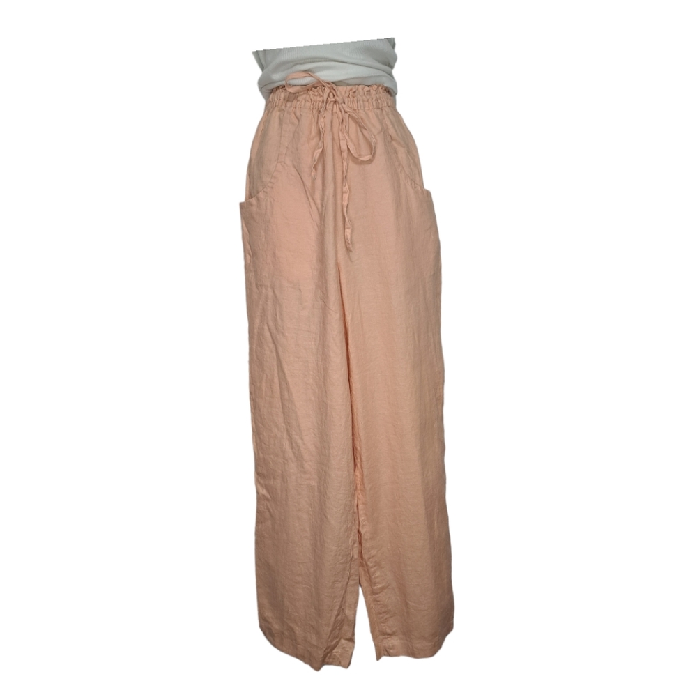Rafaella Women's Wide Leg Pants Size Medium 100% Linen Paper Bag Waist Peach